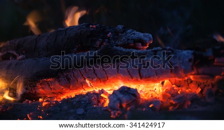 smoldering bonfire with tongues of flame and embers on  grass