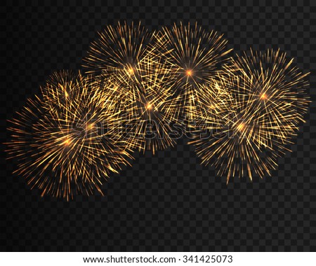 Collection firework, festive fireworks of yellow colors arranged on a black background. Isolated outbreaks, firework transparent to paste. Sparkling firework abstract shapes. Vector illustration EPS10 Royalty-Free Stock Photo #341425073