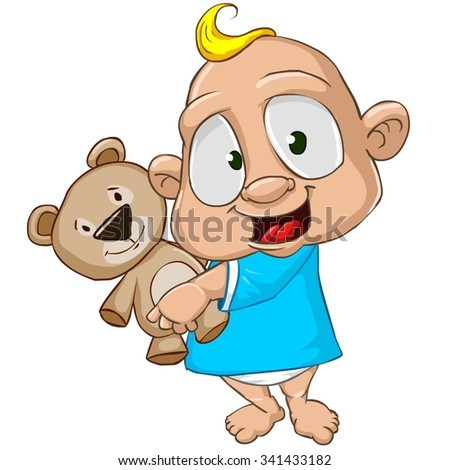 Very cute and adorable white skin baby boy cartoon character isolated on the white background. Hugging a toy bear, feeling happy