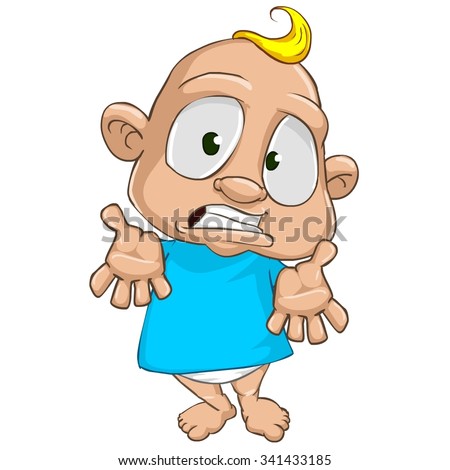 Very cute and adorable white skin baby boy cartoon character isolated on the white background. Staying apologizing