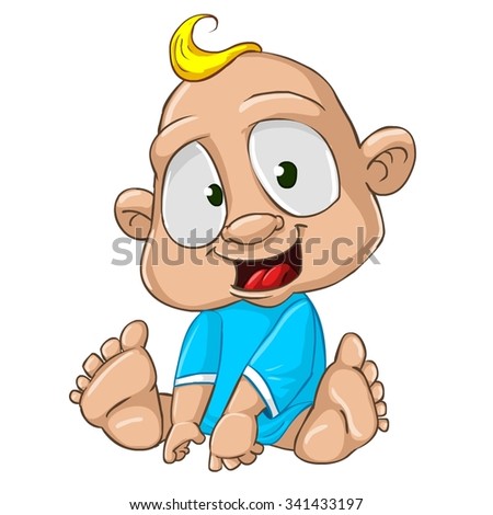 Very cute and adorable white skin baby boy character isolated on the white background. Character is sitting, smiling and feeling happy