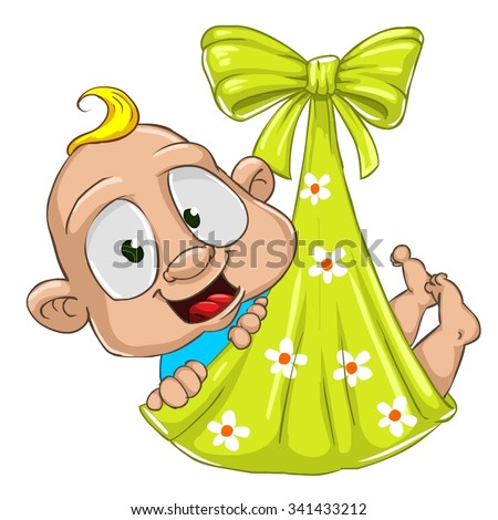 Very cute and adorable white skin baby boy cartoon character isolated on the white background. Child is laying in the cradle, feeling happy