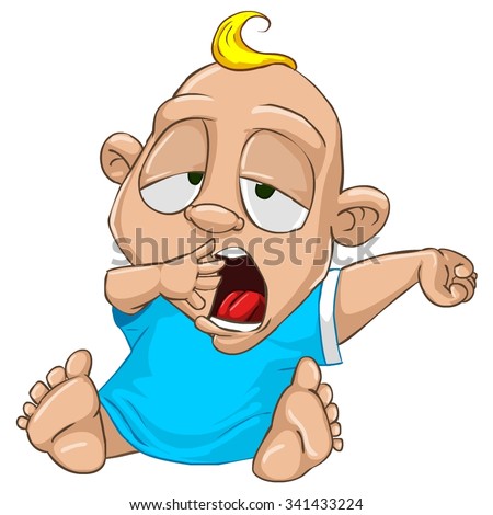 Very cute and adorable white skin baby boy isolated on the white background. Character wants to falling asleep. Yawn on his face