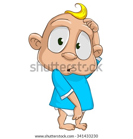 Very cute and adorable white skin baby boy character isolated on the white background. Staying in thinking pose, open-eyed, surprised