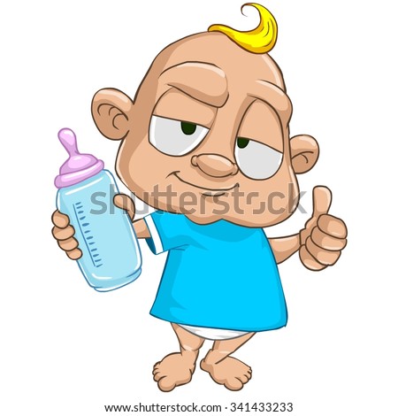 Very cute and adorable white skin baby boy cartoon character isolated on the white background. Showing thumbs up, keeping bottle of the milk in the hand. 