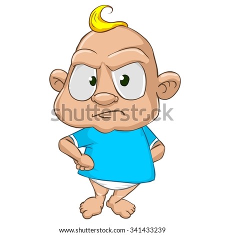 Very cute and adorable white skin baby boy cartoon character isolated on the white background. Staying angry, displeased, disgruntled