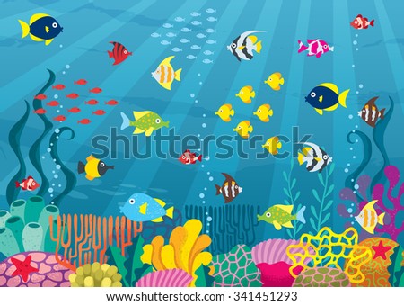 Undersea: Cartoon illustration of underwater world with corals and fish.  