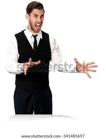 Angry Caucasian man with short dark brown hair in business formal outfit talking with hands - Isolated
