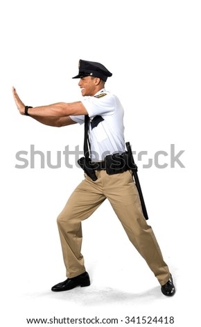 Disgusted African young man with short black hair in uniform pushing - Isolated