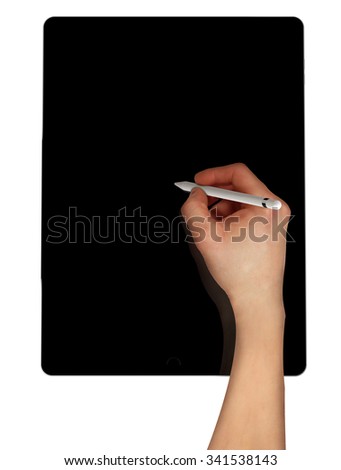 Men sketching using pencil on black tablet pro.