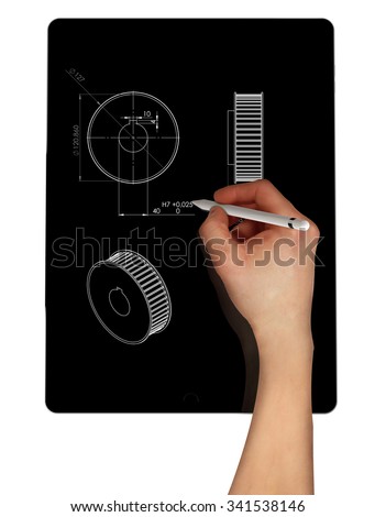 Men sketching using pencil on black tablet pro.