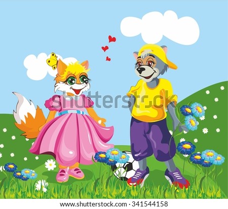 wolf on a field of flowers, field of flowers, picking flowers, gift for girls, wolf hat, blue flowers, shy, sporty, children, Fox, little Fox, love, green grass, bright