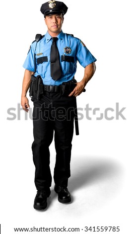 Serious Asian man with short black hair in uniform walking - Isolated Royalty-Free Stock Photo #341559785