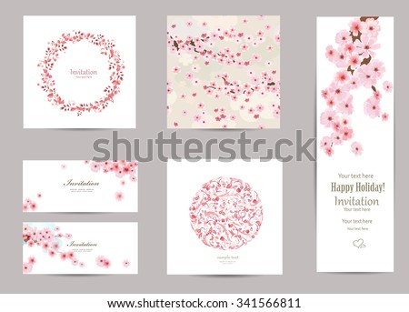 collection of greeting cards with a blossom sakura for your design. seamless texture with japanese floral pattern Royalty-Free Stock Photo #341566811