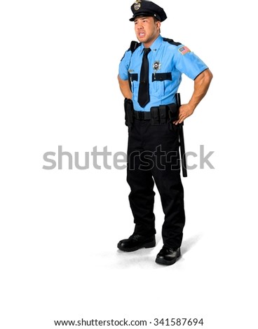 Stressed Asian man with short black hair in uniform with hands on hips - Isolated