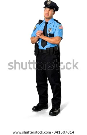 Sad Asian man with short black hair in uniform begging - Isolated