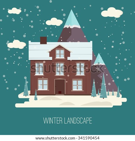 Winter Snow Urban Countryside Landscape City Village Real Estate New Year Christmas Night and Day Background Modern Flat Design Christmas house on a background of winter mountains, flat style 