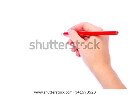 red pencil in hand isolated white background