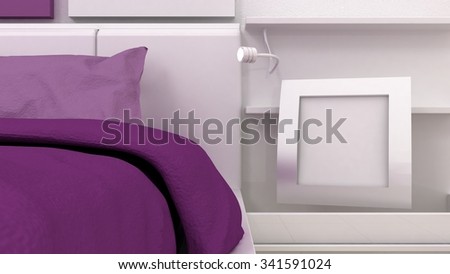 Empty picture frame shelves in classic bedroom interior background detail. Bed, nightstand, pillow, sheets and blanket. Copy space image. 3d render