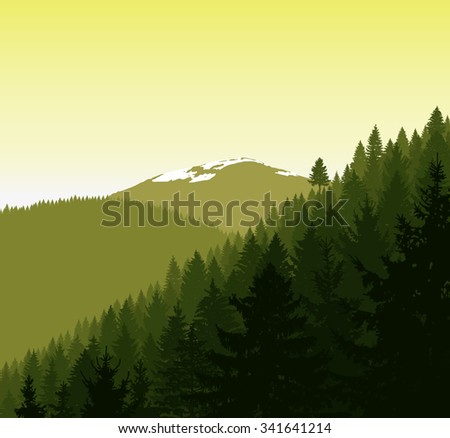  Panorama of mountains. Silhouette of mountains with snow and coniferous trees. Green and yellow tones. Can be used as eco banner.