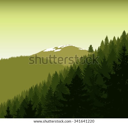   Panorama of mountains. Silhouette of green mountains with snow and coniferous trees on the background of abstract green sky. Can be used as eco banner.