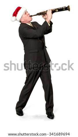 Serious Caucasian elderly man with short medium brown hair in business formal outfit using musical instrument - Isolated