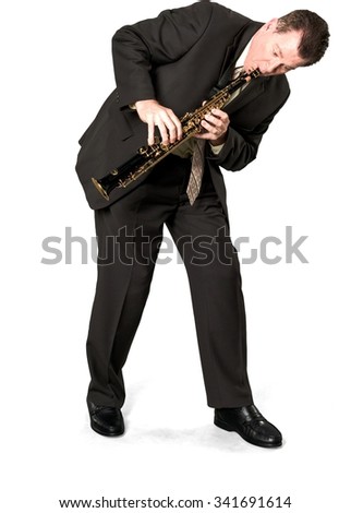 Serious Caucasian elderly man with short medium brown hair in business formal outfit using musical instrument - Isolated