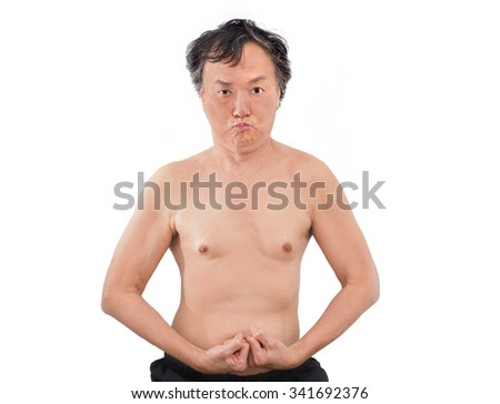 self confidence comical man flexing muscles bare chested isolated white background