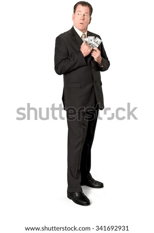 Serious Caucasian elderly man with short medium brown hair in business formal outfit holding money - Isolated