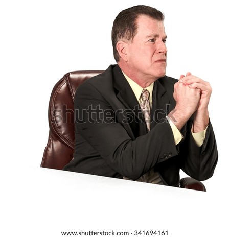Serious Caucasian elderly man with short medium brown hair in business formal outfit begging - Isolated