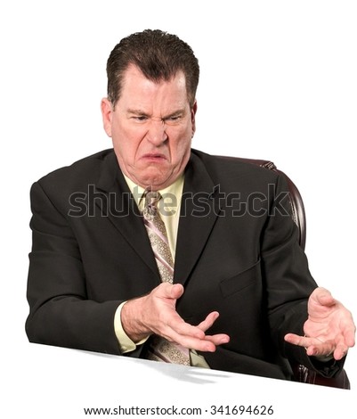Serious Caucasian elderly man with short medium brown hair in business formal outfit talking with hands - Isolated