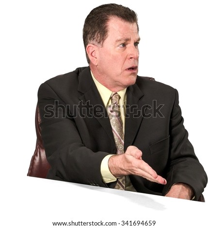 Serious Caucasian elderly man with short medium brown hair in business formal outfit pointing using palm - Isolated