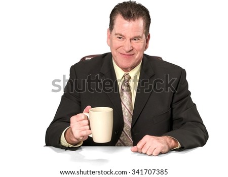Friendly Caucasian elderly man with short medium brown hair in business formal outfit holding office chair - Isolated