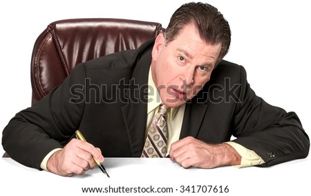 Serious Caucasian elderly man with short medium brown hair in business formal outfit using office chair - Isolated