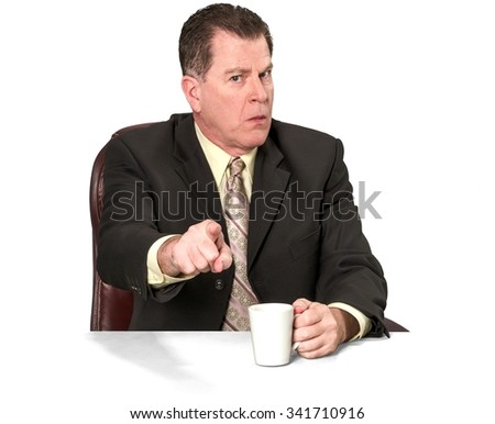 Angry Caucasian elderly man with short medium brown hair in business formal outfit holding office chair - Isolated