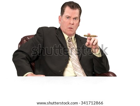Angry Caucasian elderly man with short medium brown hair in business formal outfit using office chair - Isolated