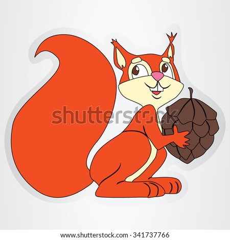 Vector illustration of the cartoon squirrel with brown cone.