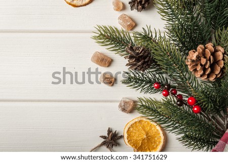 Christmas food frame on white wooden background