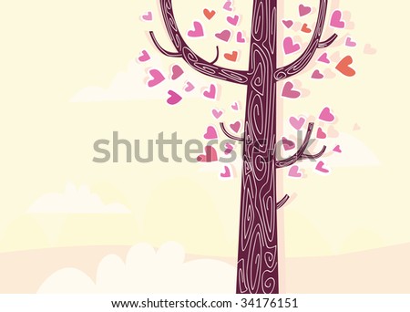 Tree of hearts. Some of trees aren't common trees. Some of them are speaking stories, like THIS one. Art vector Illustration.