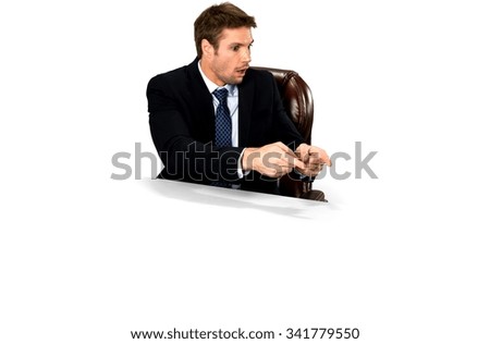 Amazed Caucasian man with short medium blond hair in business formal outfit pointing using finger - Isolated