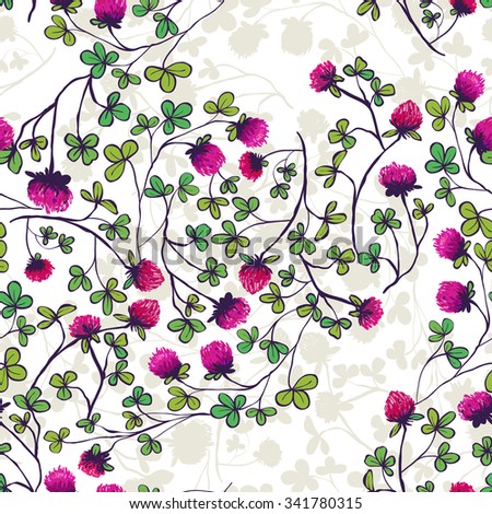 Disorderly design of flowering clover flowers and leaves luck - vector seamless pattern