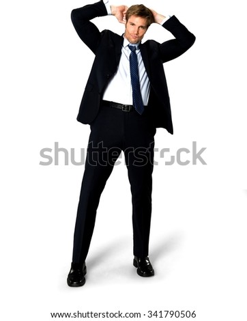 Friendly Caucasian man with short medium blond hair in business formal outfit fashion pose - Isolated