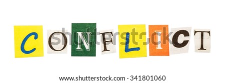The word "conflict" made up of letters cut out newspaper on a white background