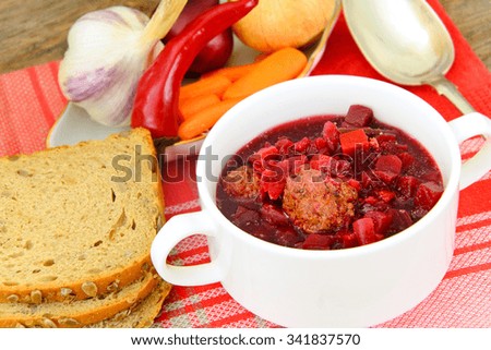 Healthy and Diet Food: Soup with Beetroot and Dumplings. Studio Photo
