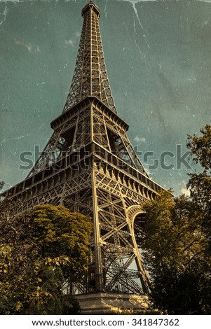 Old photo (postcard) with Eiffel tower from Paris.
