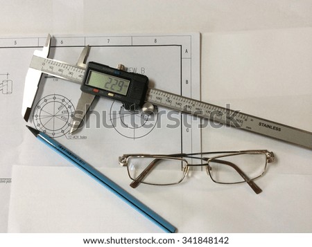 Industrial items background measure pen glasses top view