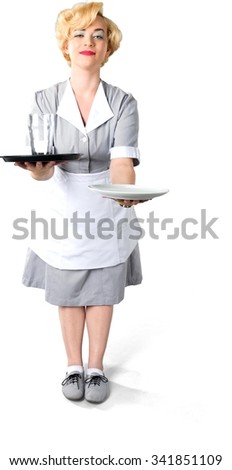 Friendly Caucasian woman with short light blond hair in uniform holding tray - Isolated