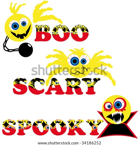 three scary halloween smileys with text boo scary spooky
