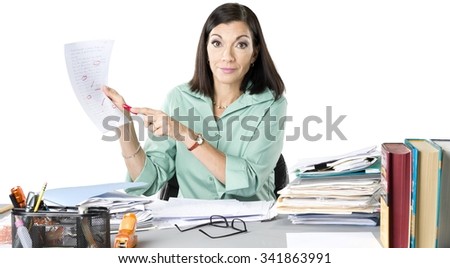 Serious Caucasian woman with medium dark brown hair in business casual outfit holding dry erase marker - Isolated