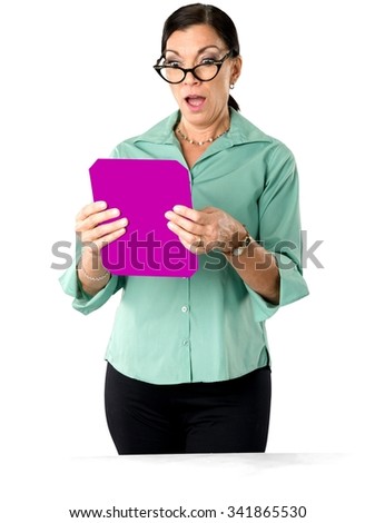 Serious Caucasian woman dark brown in business casual outfit using medium sign - Isolated